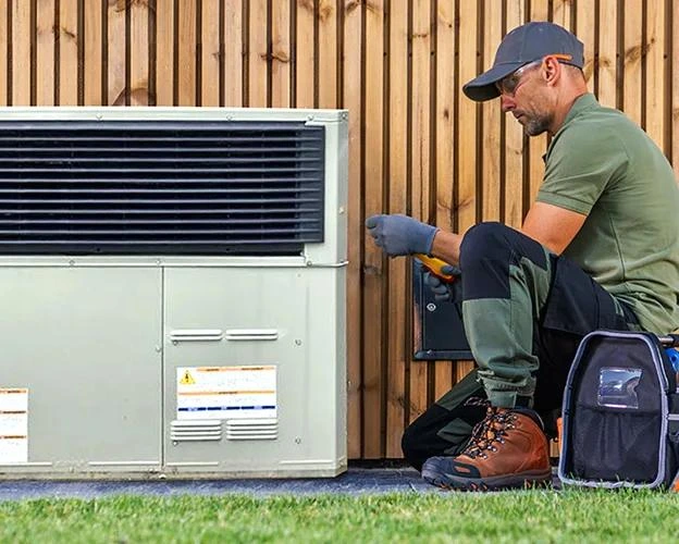 HVAC technician servicing an outdoor unit beside a residential fence